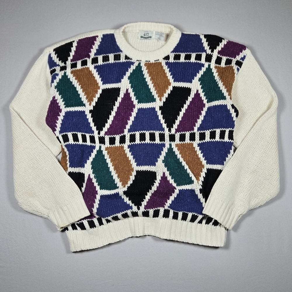 Vintage 80s 90s Van Heusen 417 Geometric Knit Sweater Cosby Coogie Style L